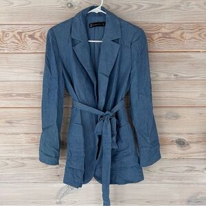NWT NY&C Womens Small Blue Belted Lined Collared Open Jacket
